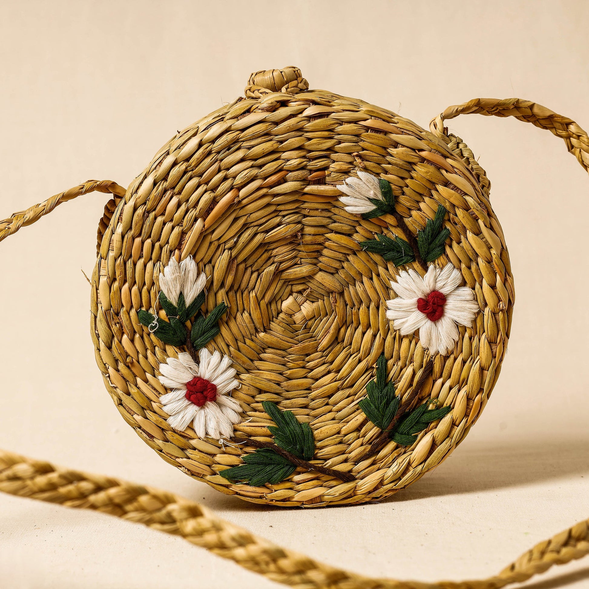Beige - Handcrafted Natural Water Reed Embroidered Sling Bag