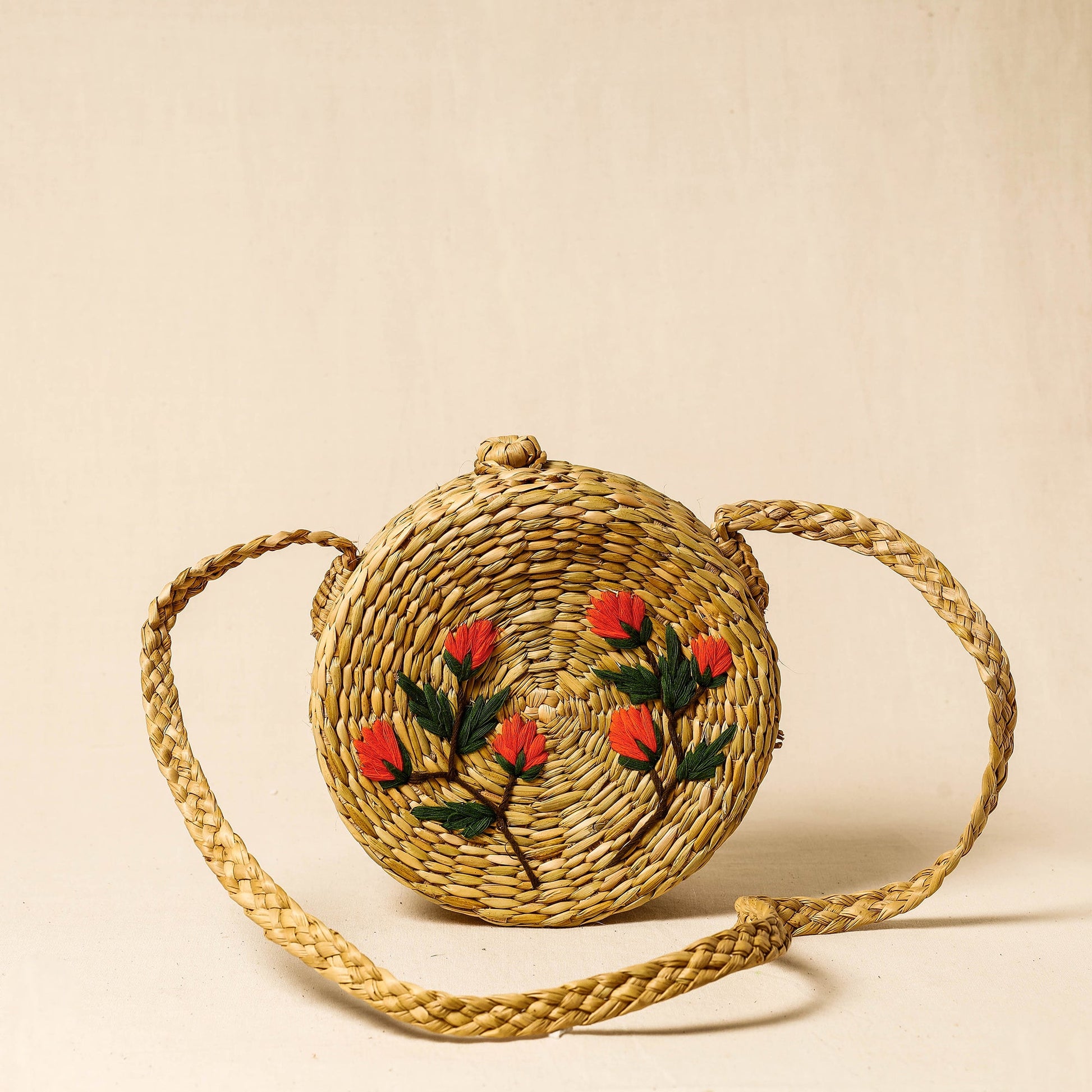 Beige - Handcrafted Natural Water Reed Embroidered Sling Bag