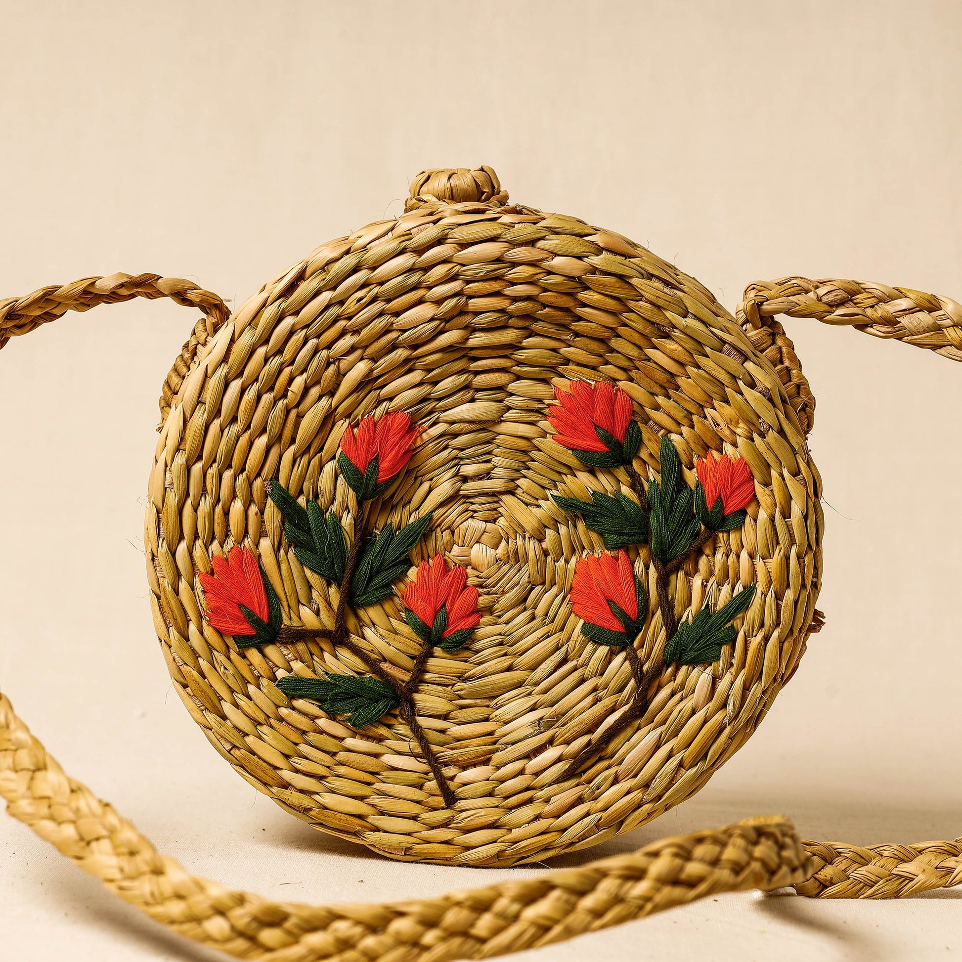 Beige - Handcrafted Natural Water Reed Embroidered Sling Bag