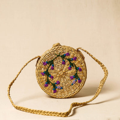 Beige - Handcrafted Natural Water Reed Embroidered Sling Bag