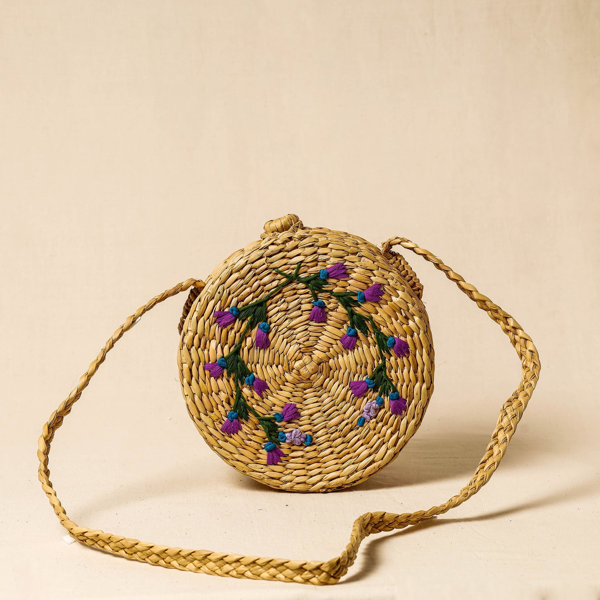 Beige - Handcrafted Natural Water Reed Embroidered Sling Bag