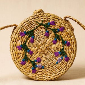 Beige - Handcrafted Natural Water Reed Embroidered Sling Bag