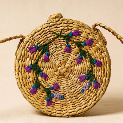Beige - Handcrafted Natural Water Reed Embroidered Sling Bag
