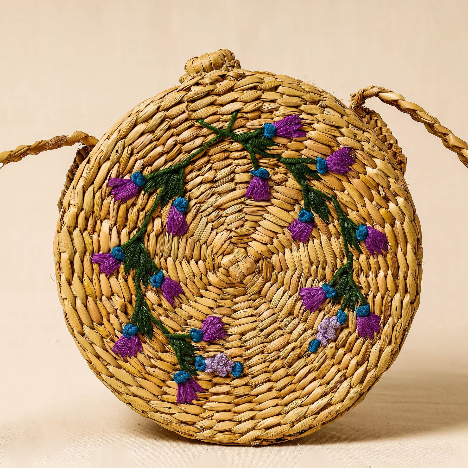 Beige - Handcrafted Natural Water Reed Embroidered Sling Bag