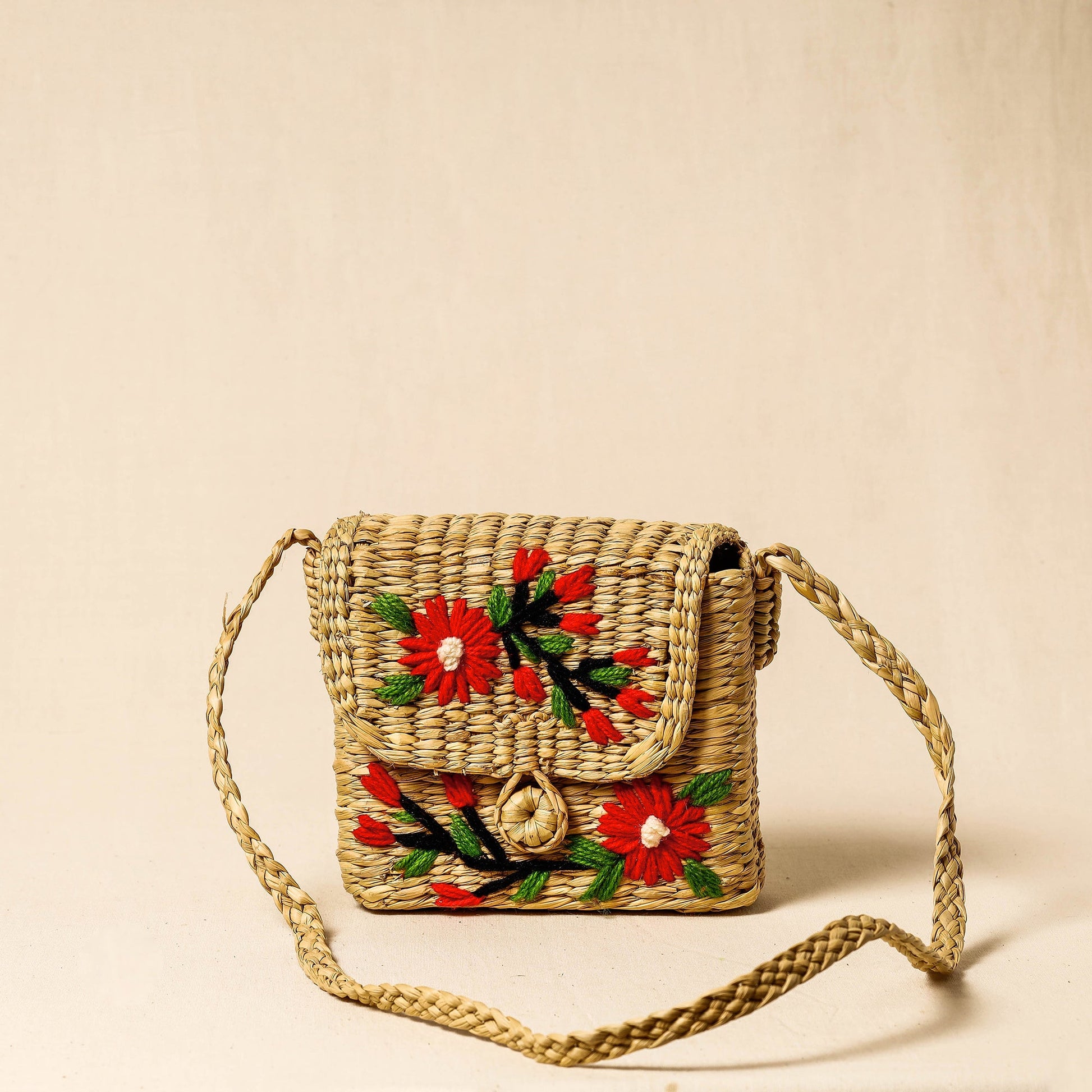 Beige - Handcrafted Natural Water Reed Embroidered Sling Bag