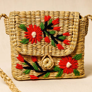 Beige - Handcrafted Natural Water Reed Embroidered Sling Bag