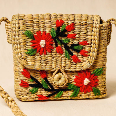 Beige - Handcrafted Natural Water Reed Embroidered Sling Bag