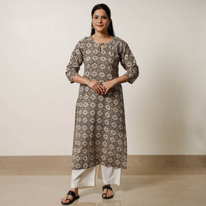 Brown - Geometric Flower Buta Bagru Hand Block Printed Cotton Straight Long Kurta 03