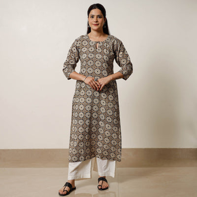 Brown - Geometric Flower Buta Bagru Hand Block Printed Cotton Straight Long Kurta 03