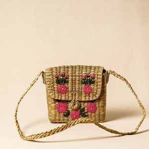 Brown - Handcrafted Natural Water Reed Embroidered Sling Bag