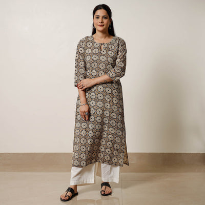 Brown - Geometric Flower Buta Bagru Hand Block Printed Cotton Straight Long Kurta 03