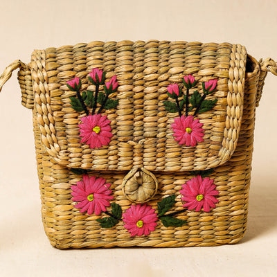 Brown - Handcrafted Natural Water Reed Embroidered Sling Bag