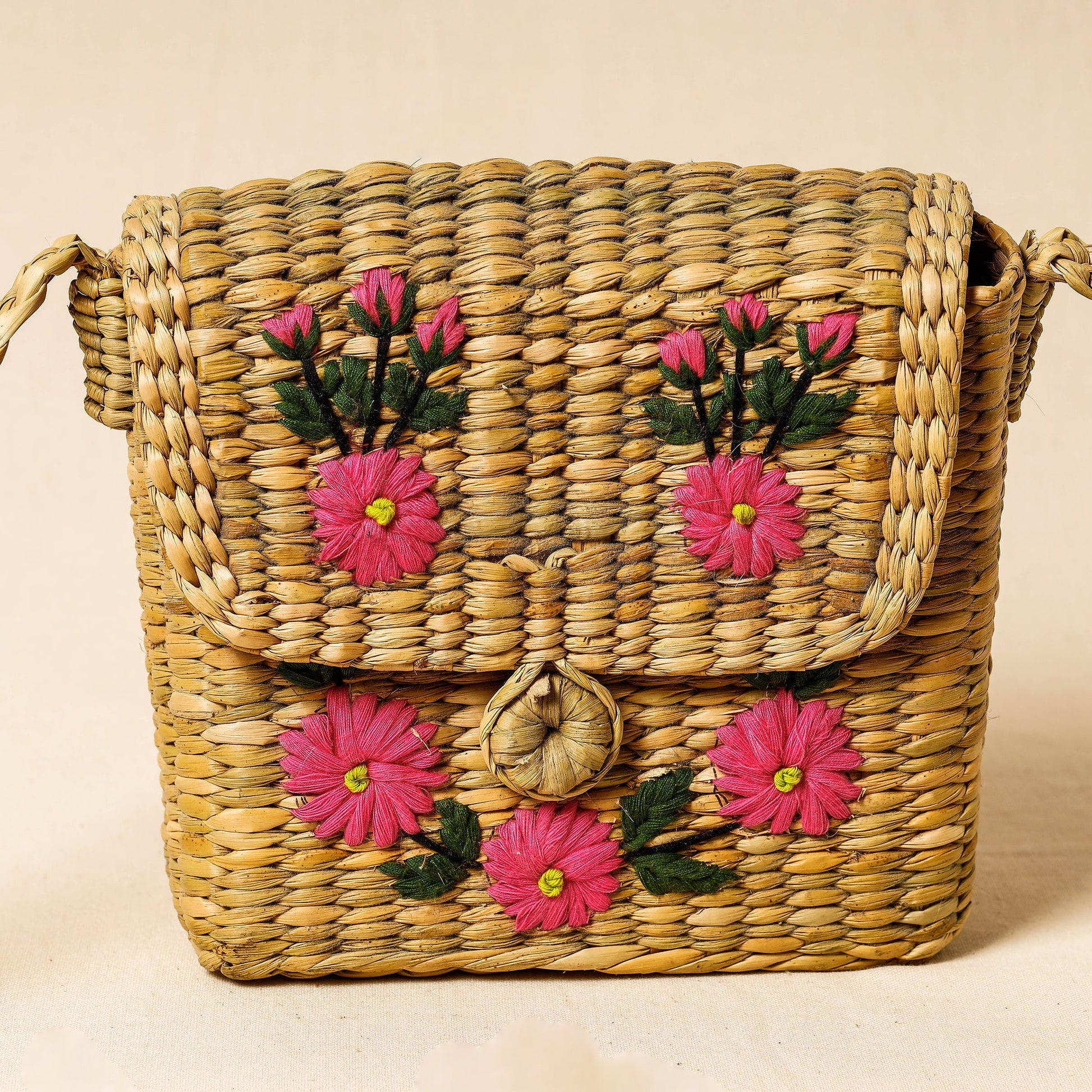 Brown - Handcrafted Natural Water Reed Embroidered Sling Bag