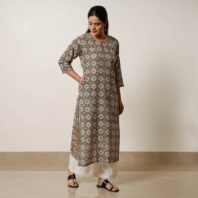 Brown - Geometric Flower Buta Bagru Hand Block Printed Cotton Straight Long Kurta 03