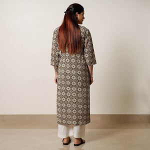 Brown - Geometric Flower Buta Bagru Hand Block Printed Cotton Straight Long Kurta 03
