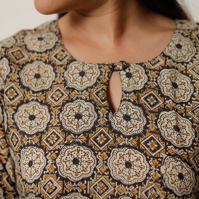 Brown - Geometric Flower Buta Bagru Hand Block Printed Cotton Straight Long Kurta 03