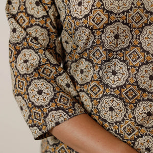 Brown - Geometric Flower Buta Bagru Hand Block Printed Cotton Straight Long Kurta 03