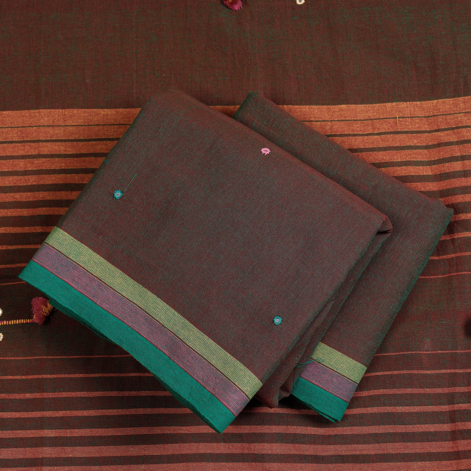 Brown - 3pc Kutch Bhujodi Weaving Handloom Organic Kala Cotton Suit Material Set