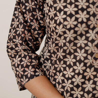 Black & White Champa Floral Buta Bagru Hand Block Printed Cotton Long Kurta 01