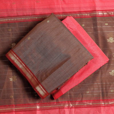 Brown - 3pc Handloom Chanderi Silk Zari Buti Suit Material Set
