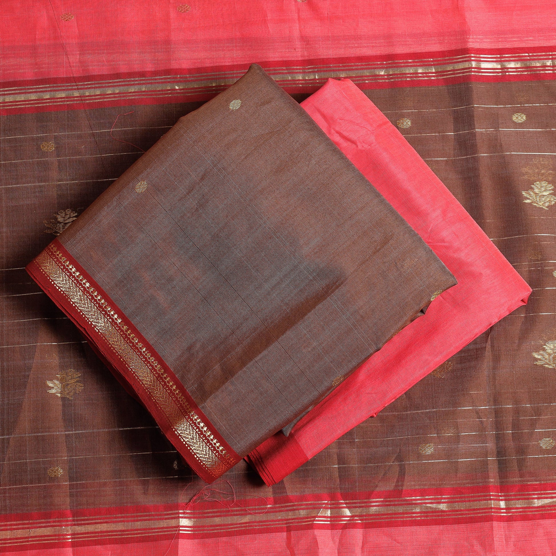 Brown - 3pc Handloom Chanderi Silk Zari Buti Suit Material Set