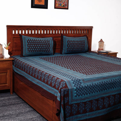 Blue - Bagh Block Printed Cotton Double Bed Cover with Pillow Covers (113 x 93 in)