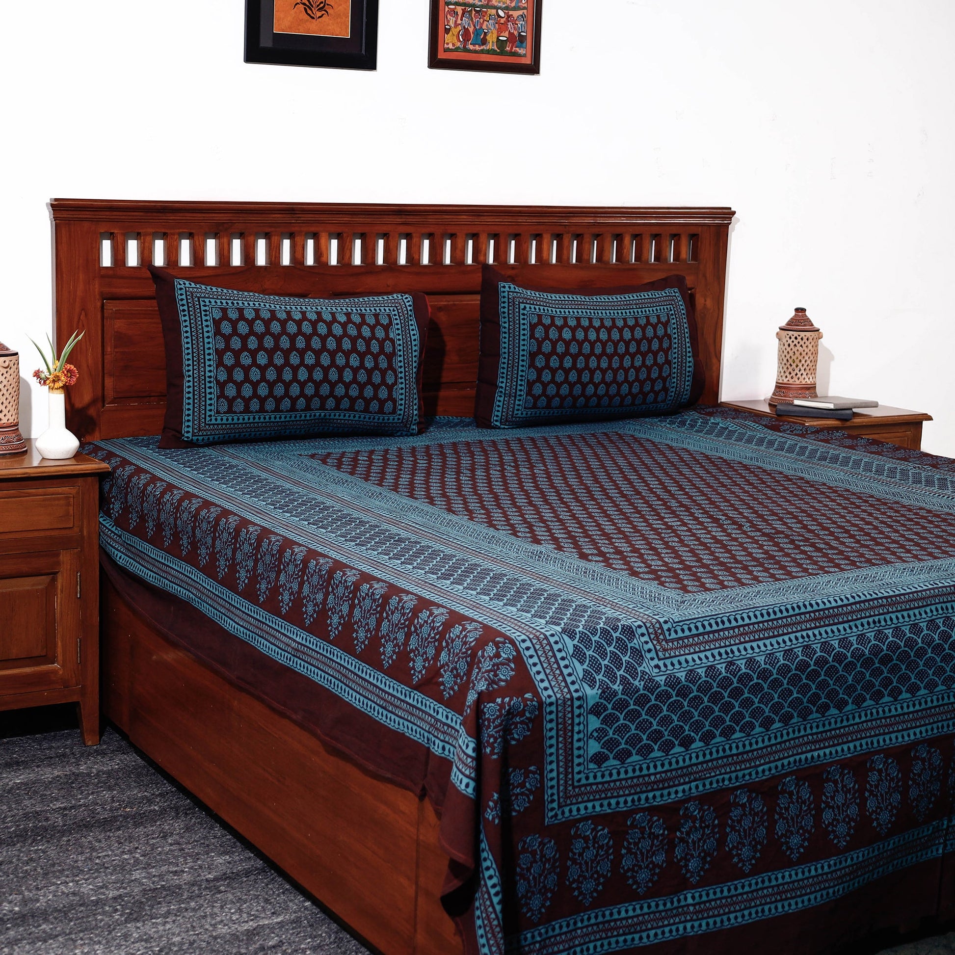 Blue - Bagh Block Printed Cotton Double Bed Cover with Pillow Covers (113 x 93 in)