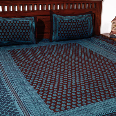 Blue - Bagh Block Printed Cotton Double Bed Cover with Pillow Covers (113 x 93 in)