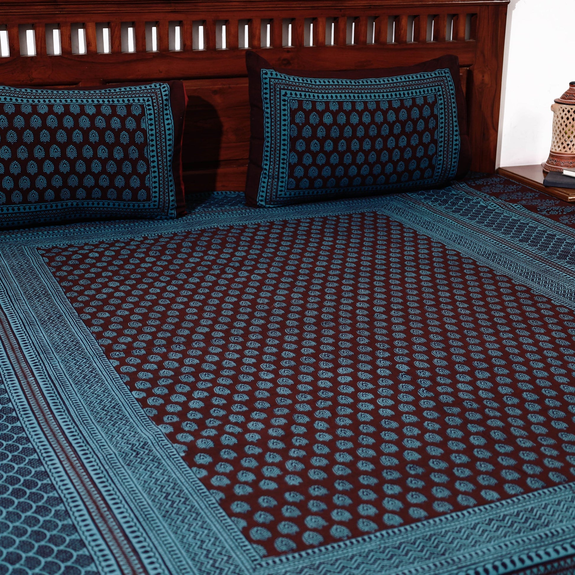 Blue - Bagh Block Printed Cotton Double Bed Cover with Pillow Covers (113 x 93 in)