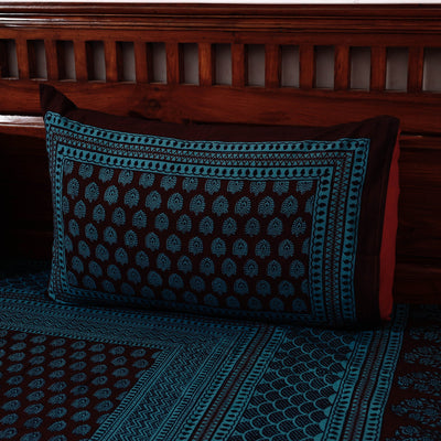Blue - Bagh Block Printed Cotton Double Bed Cover with Pillow Covers (113 x 93 in)