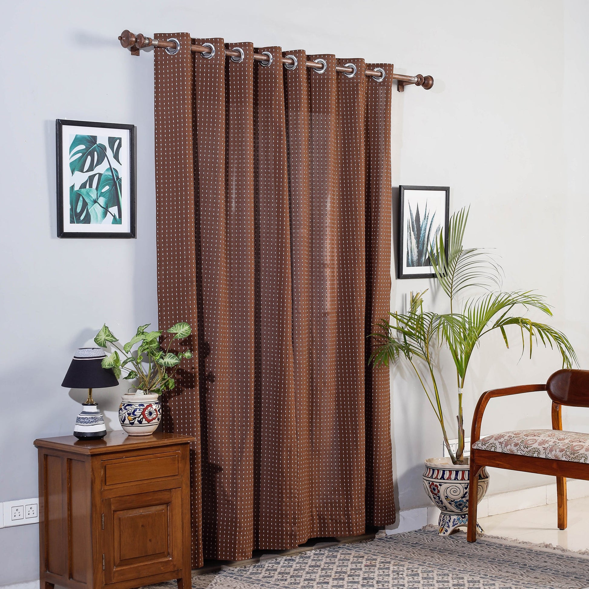 Brown - Jacquard Weave Cotton Door Curtain (7 x 3 Feet) (single piece)