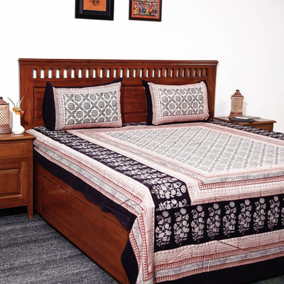 Beige - Bagh Block Printed Cotton Double Bed Cover with Pillow Covers (113 x 93 in)