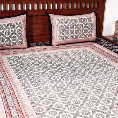 Beige - Bagh Block Printed Cotton Double Bed Cover with Pillow Covers (113 x 93 in)