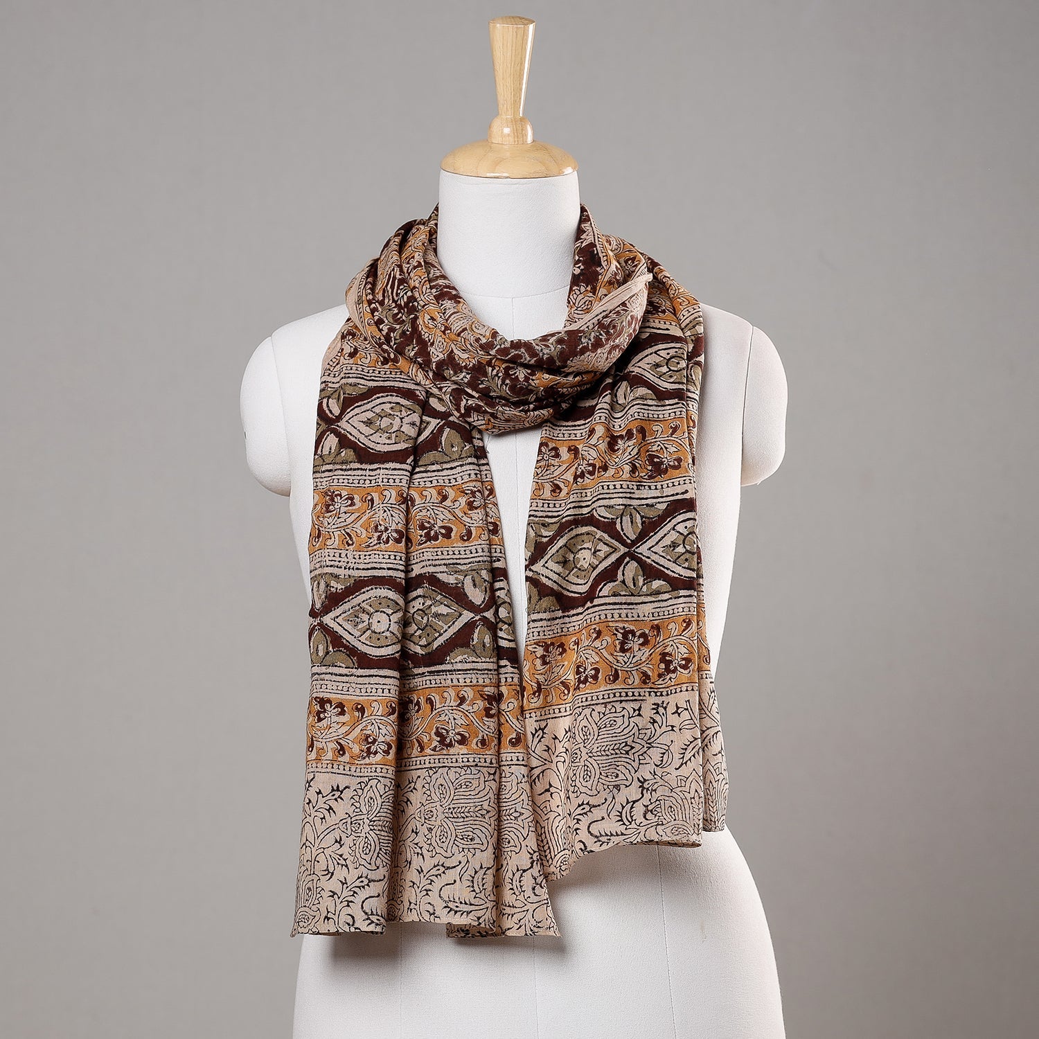 Brown - Kalamkari Block Printed Handloom Fine Cotton Stole
