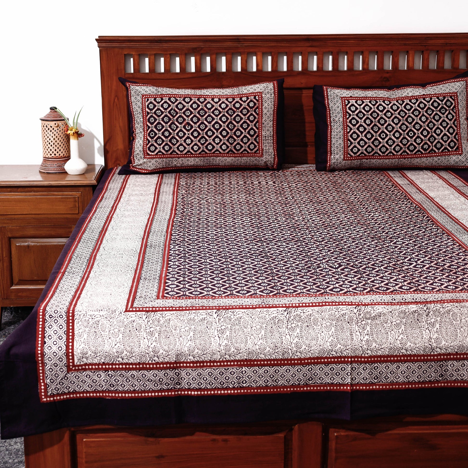 Black - Bagh Block Printed Cotton Single Bed Cover with Pillow Covers (94 x 64 in)