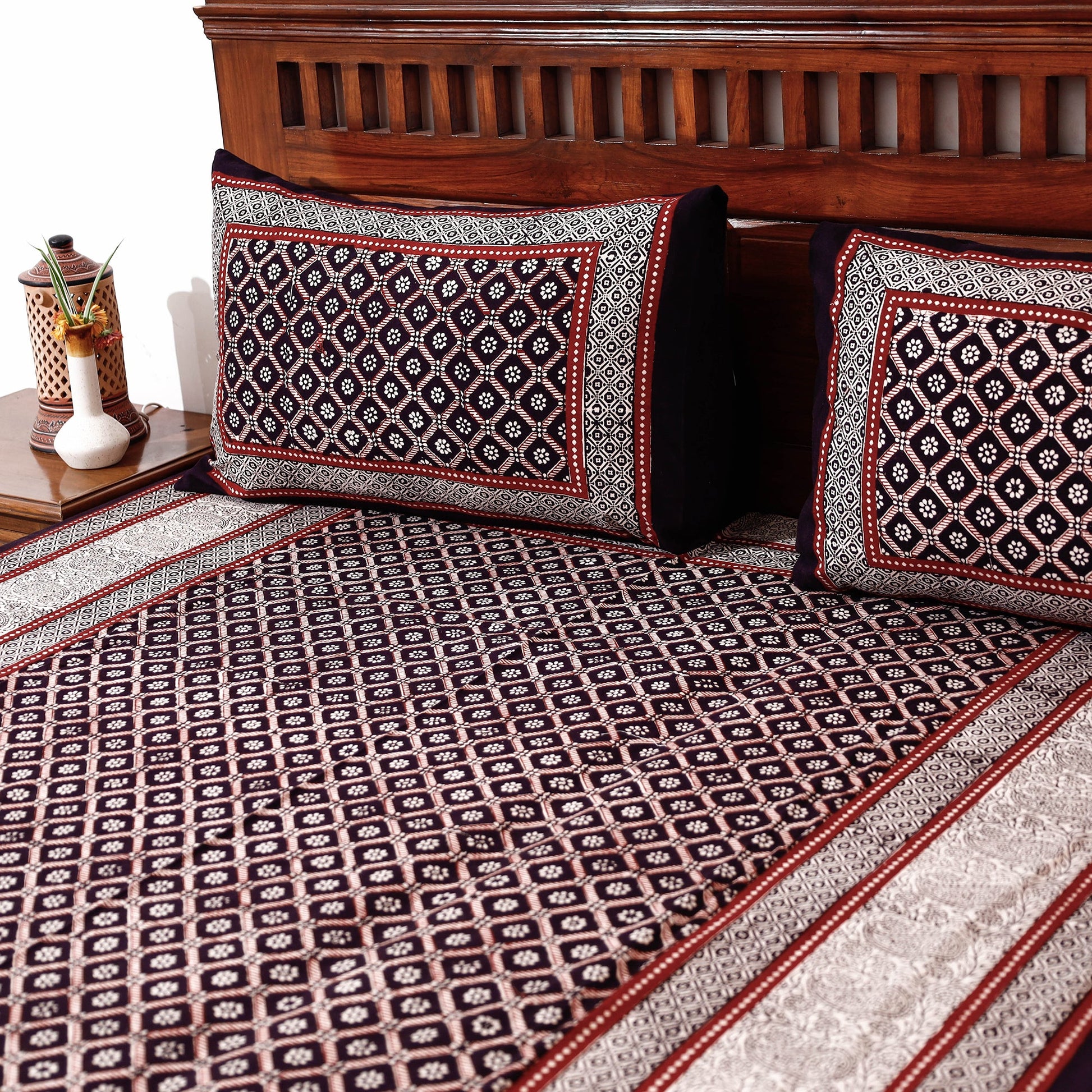 Black - Bagh Block Printed Cotton Single Bed Cover with Pillow Covers (94 x 64 in)