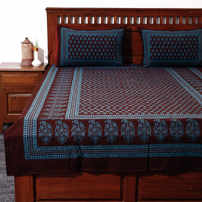 Blue - Bagh Block Printed Cotton Single Bed Cover with Pillow Covers (94 x 64 in)
