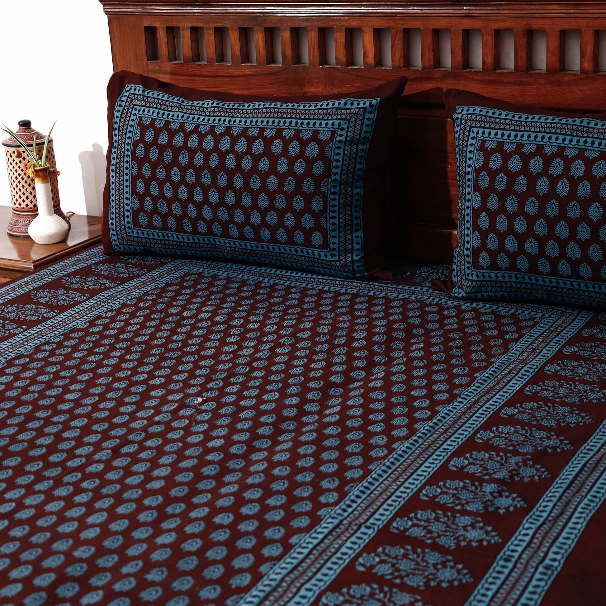 Blue - Bagh Block Printed Cotton Single Bed Cover with Pillow Covers (94 x 64 in)