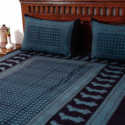 Blue - Bagh Block Printed Cotton Single Bed Cover with Pillow Covers (94 x 64 in)
