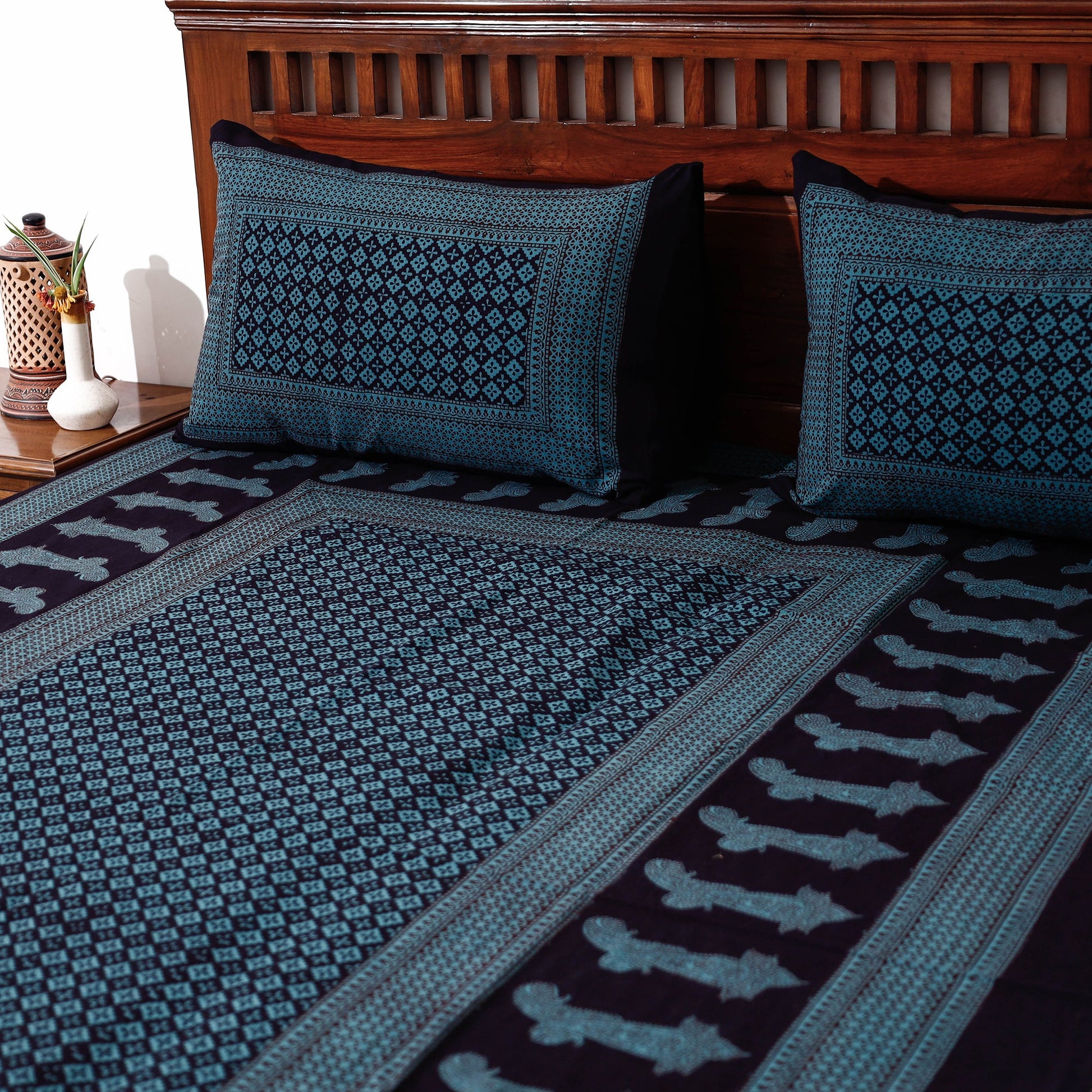 Blue - Bagh Block Printed Cotton Single Bed Cover with Pillow Covers (94 x 64 in)