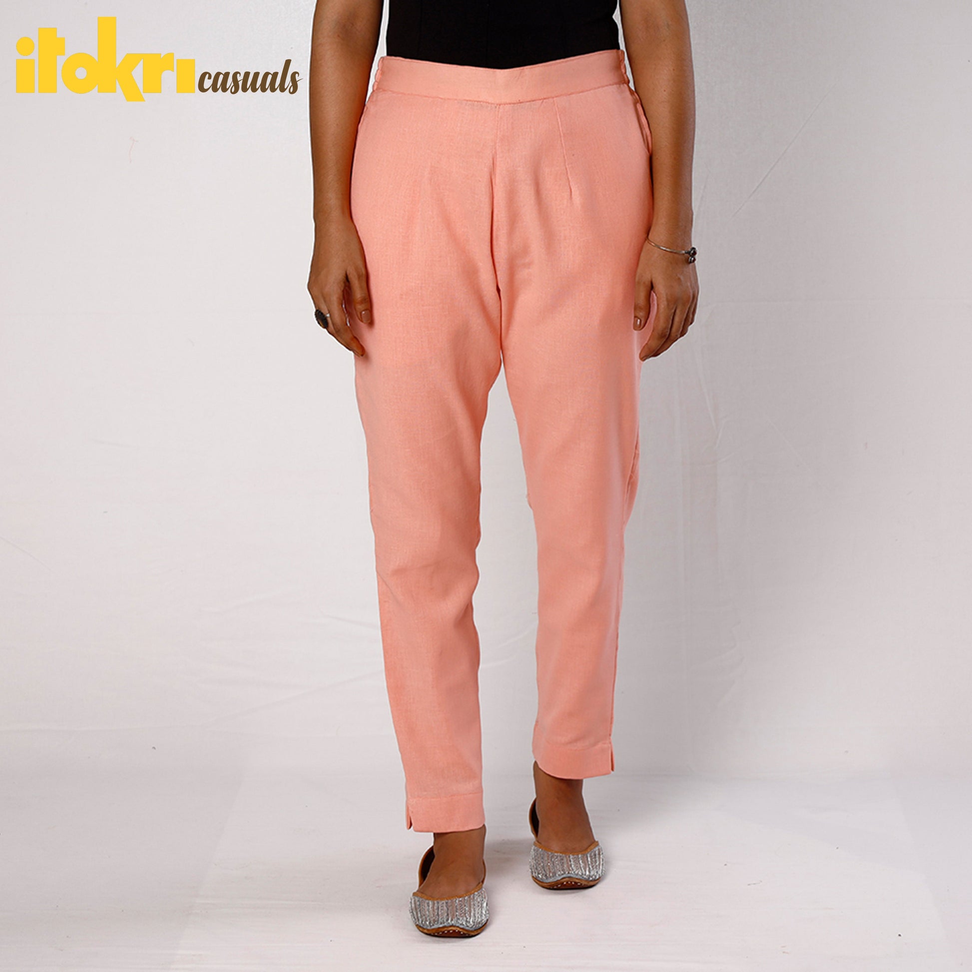 Baby Pink Flex Cotton Tapered Casual Pant for Women