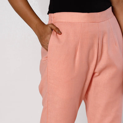 Baby Pink Flex Cotton Tapered Casual Pant for Women