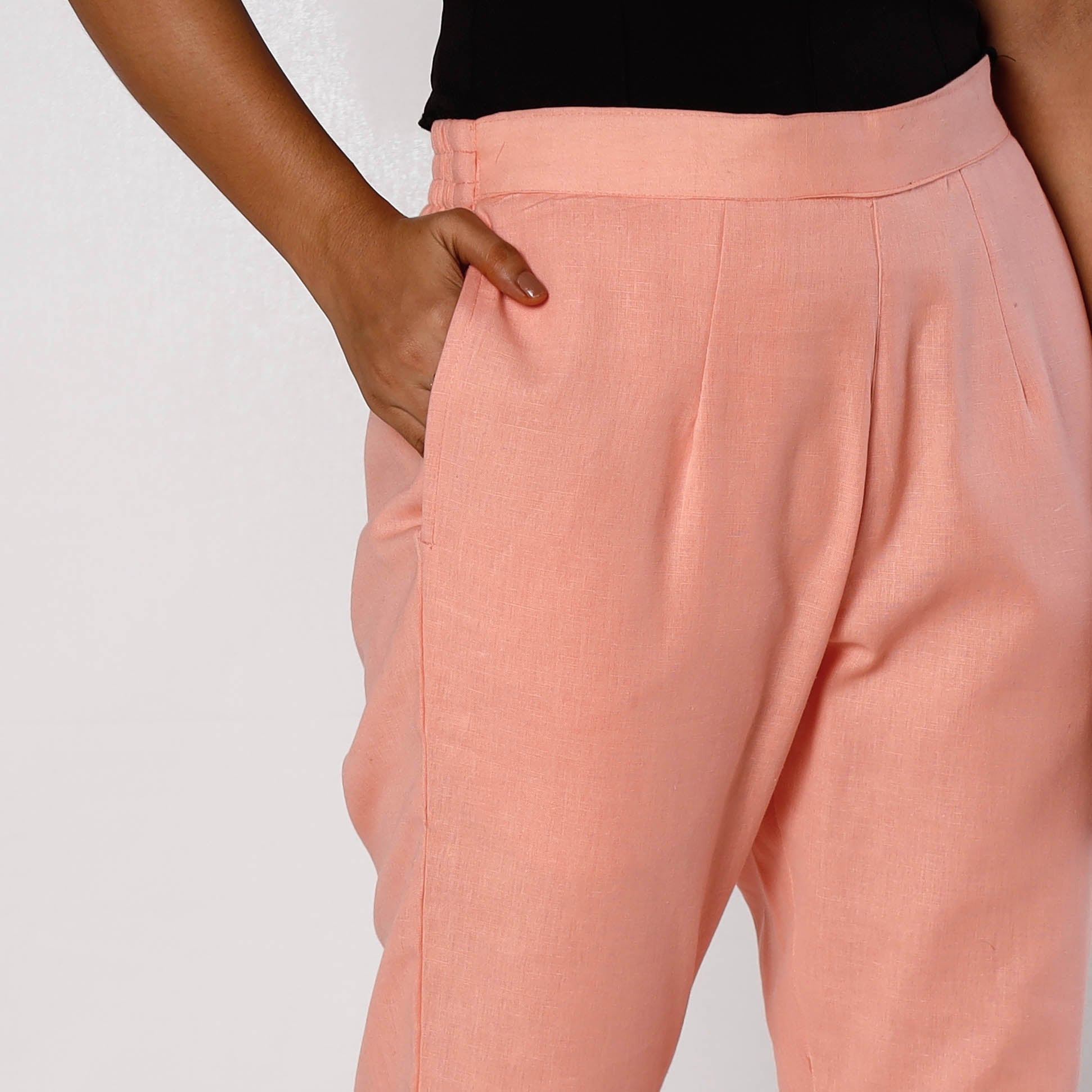 Baby Pink Flex Cotton Tapered Casual Pant for Women