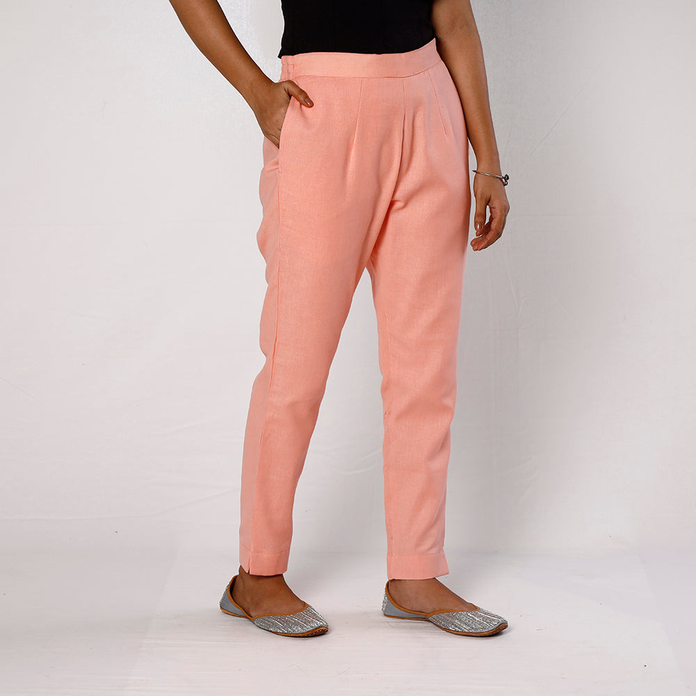 Baby Pink Flex Cotton Tapered Casual Pant for Women