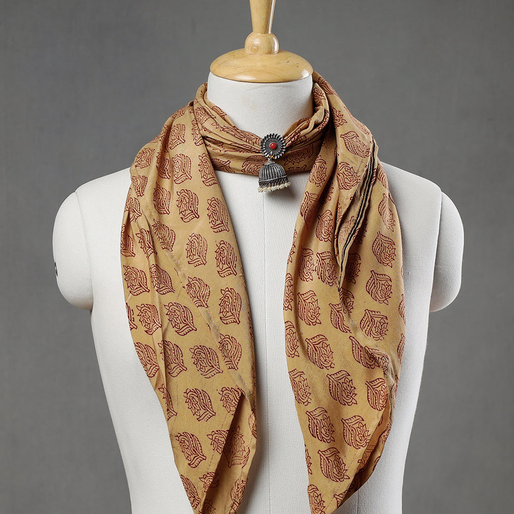 Beige - Modal Silk Bagh Block Printing Pendant Necklace Scarf