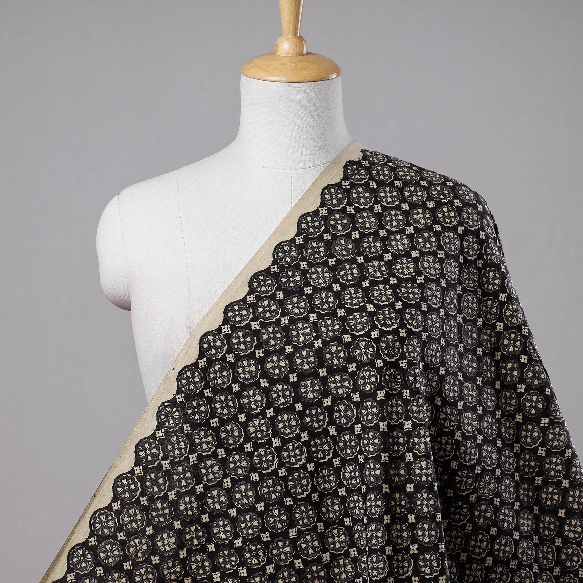 Black Floral Forage Bagru Block Print Cotton Fabric