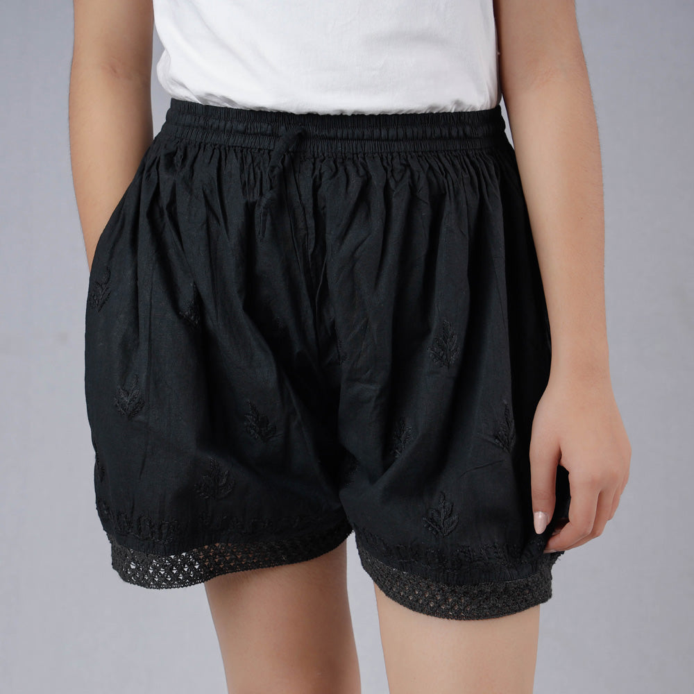 Black - Chikankari Embroidery Cotton Short