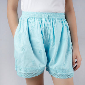 Blue - Chikankari Embroidery Cotton Short
