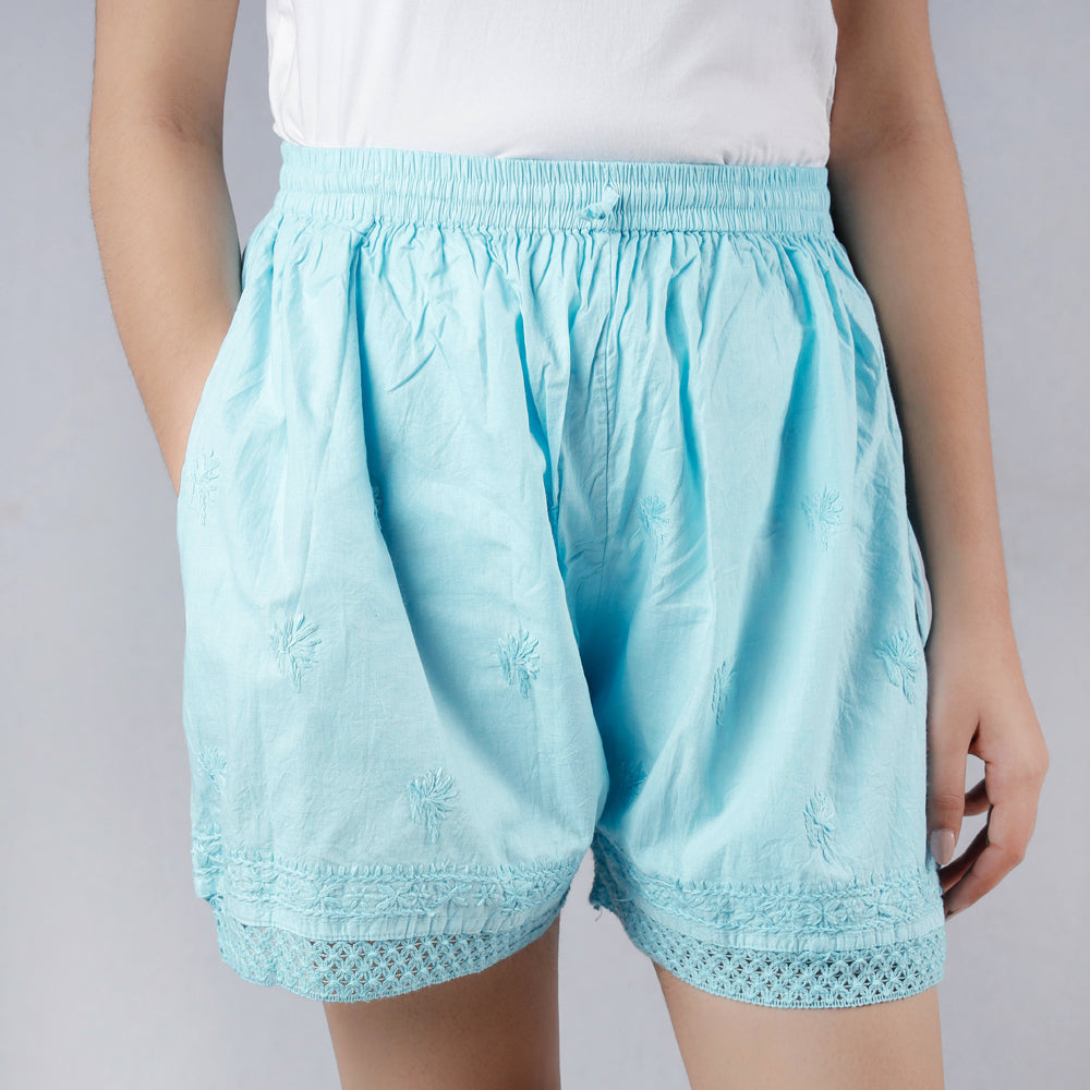 Blue - Chikankari Embroidery Cotton Short