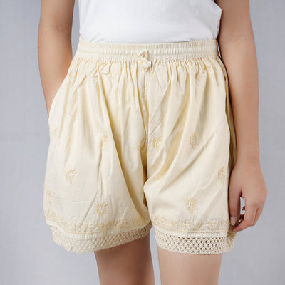 Beige - Chikankari Embroidery Cotton Short